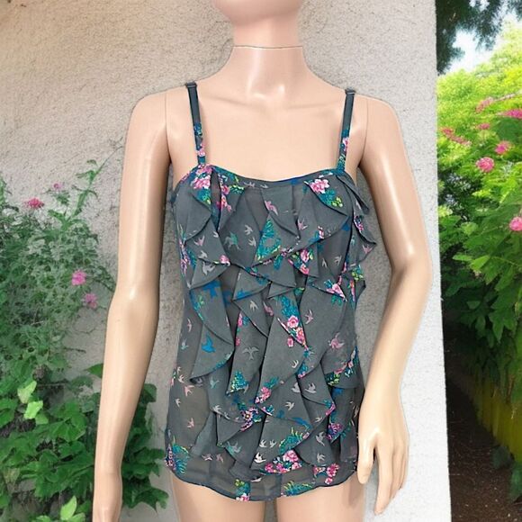 Y2K Ruffled Cami Top M Babydoll Romantic Floral Birds Boho Fairy Cottagecore - Picture 1 of 16